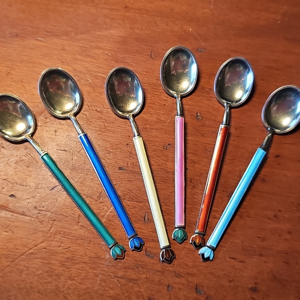 David Andersen Sterling Gilt Guilloche Demitasse 6 Spoon Set